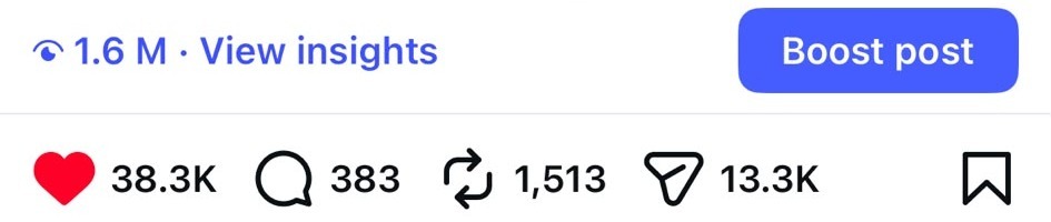 Instagram post insights: 1.6M views, 38.3K likes, 13.3K shares