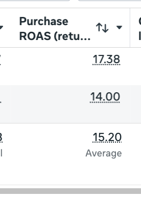 Ads Manager ROAS: 17.38, 14.00, average 15.20
