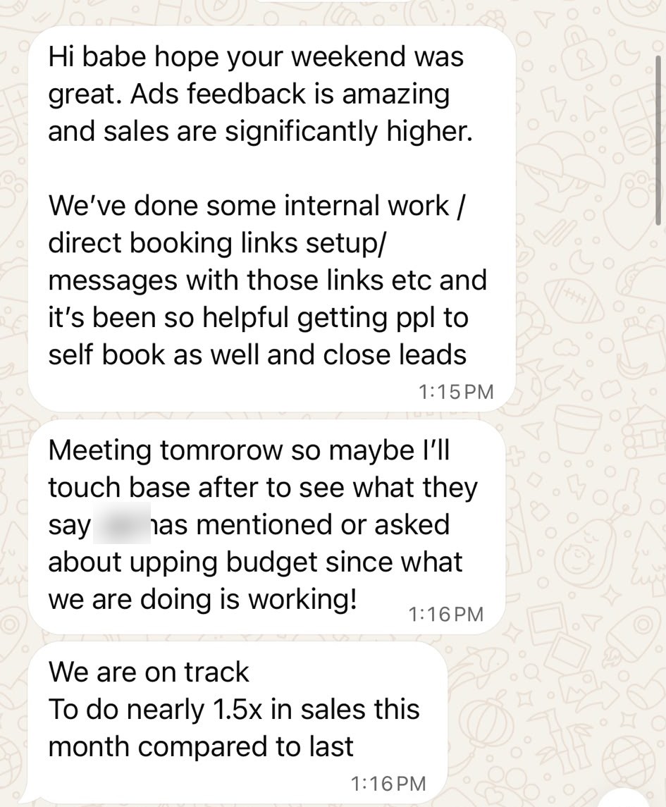 Client WhatsApp: ads feedback is amazing, sales are significantly higher